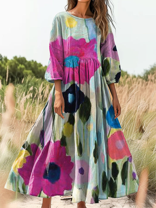 Women's Vintage Floral Art Print Flowy Cotton Crew Neck Dress
