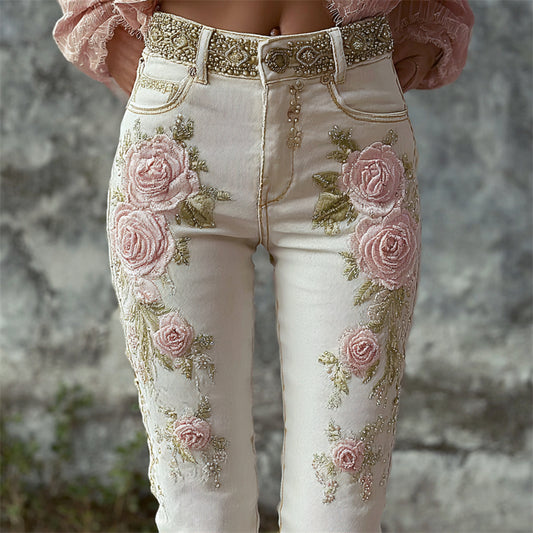 Vintage Cottage Pink Roses Glitter Embroidered Skinny Jeans