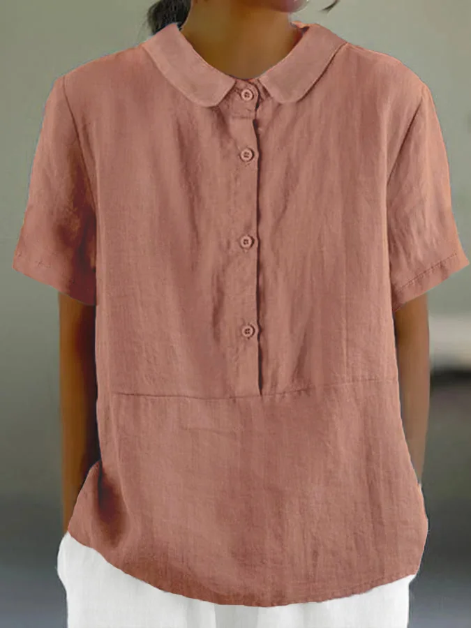 KS | Santorini - Women's plain-colored casual shirt with a round neckline and buttons.