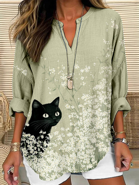 Comstylish Black Cat In A Flower Meadow Art Cozy Linen Tunic