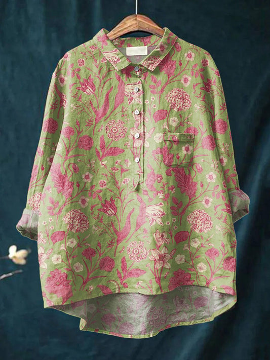 Women's Floral Art Print Casual Cotton And Linen Shirt