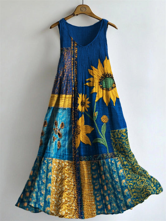 Ethnic Sunflowers Embroidered Patchwork Flowy Linen Tank Dress elevenforest