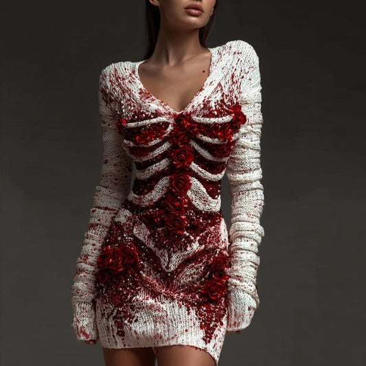 Comstylish Classy Skeleton Bloody Roses Embroidered V Neck Sweater Dress