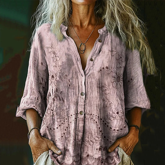 Comstylish Women's Vintage Floral Textured Art Print Casual Cotton And Linen Shirt