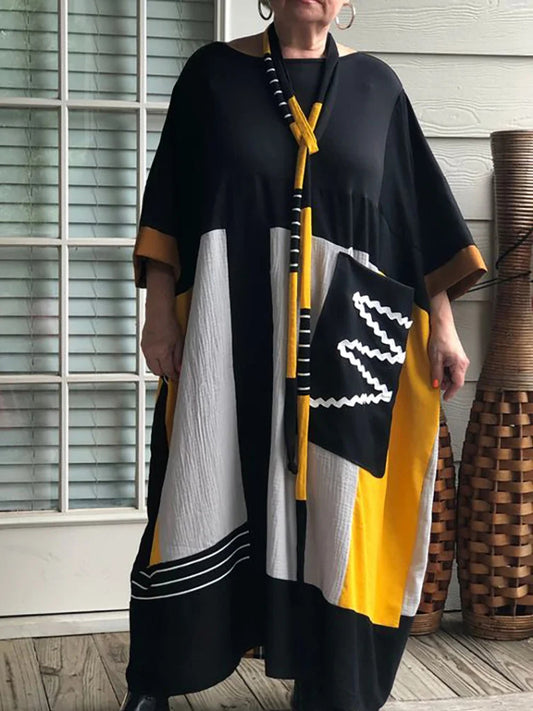 Casual Loose Stitching Contrast Color Printed Cotton Linen Maxi Dress elevenforest