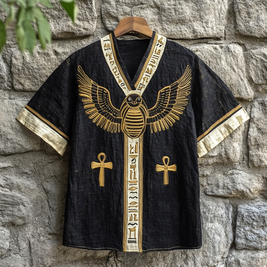 Egyptian Scarab Embroidered Men's Linen Shirt elevenforest
