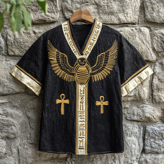 Egyptian Scarab Embroidered Men's Linen Shirt elevenforest