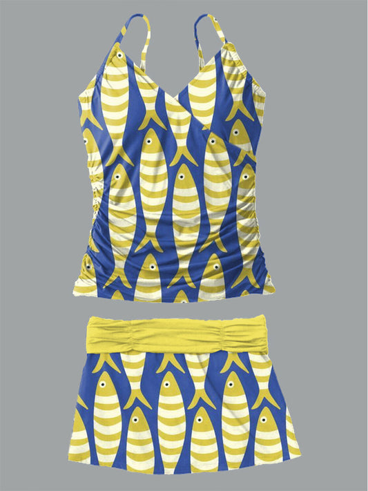 Women's Summer Fish Print Casual Suspender Shirred Swimsuit Set