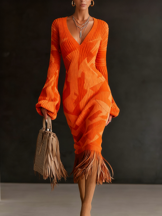 Printed Textured Knitted Tassel Hem Long Sleeve Midi Dress