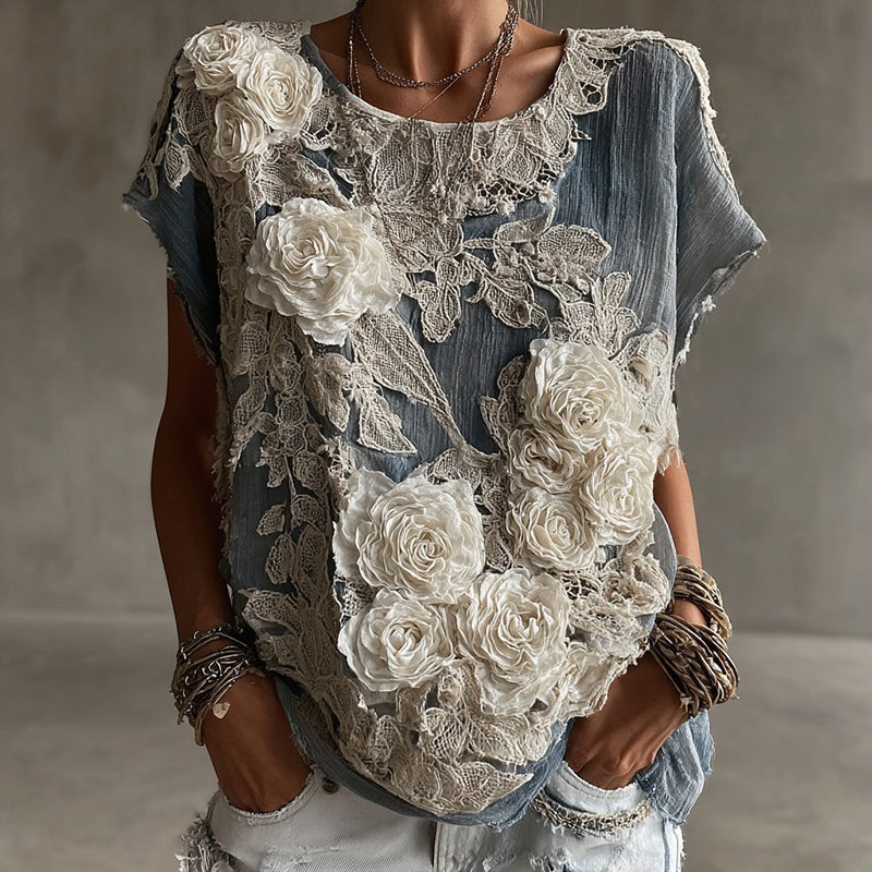 Women's Vintage White Rose Pattern Linen Crew Neck T-shirt elevenforest