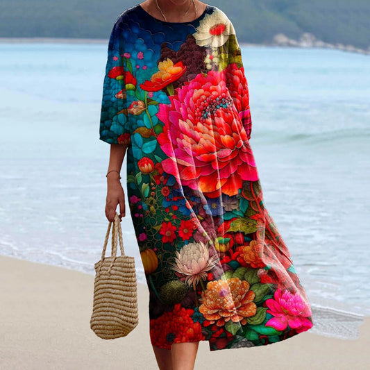 Women's Hibiscus Art Linen Round Neck Dress elevenforest