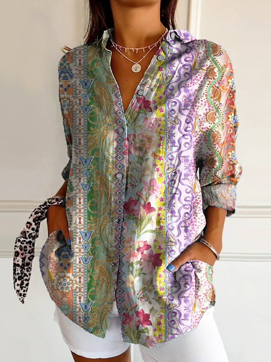 Women's Vintage Floral Art Print Casual Cotton Shirt