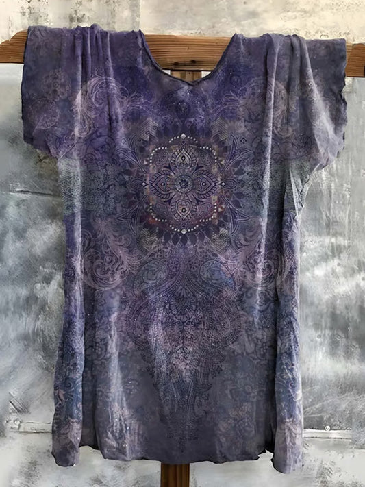 Women's Hippie Print V-neck T-shirt elevenforest