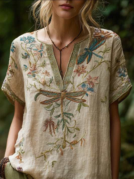 Bohemian Style Dragonfly Flower Three-dimensional Embroidery Vintage V-neck Short-sleeved Shirt elevenforest