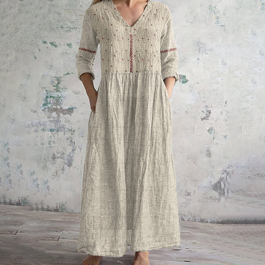 Vintage Floral Embroidered Art Women's Linen Dress elevenforest