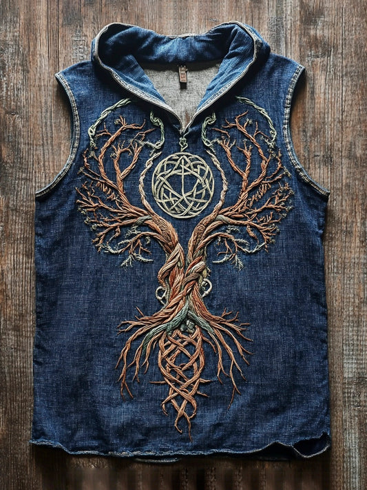 Viking Tree Of Life Vintage Embroidered Men's Hooded Tank Top elevenforest