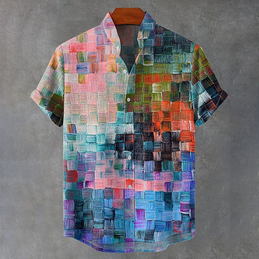 Oil Painting Style Lattice Vintage Art Print Casual Cotton Linen Shirt elevenforest