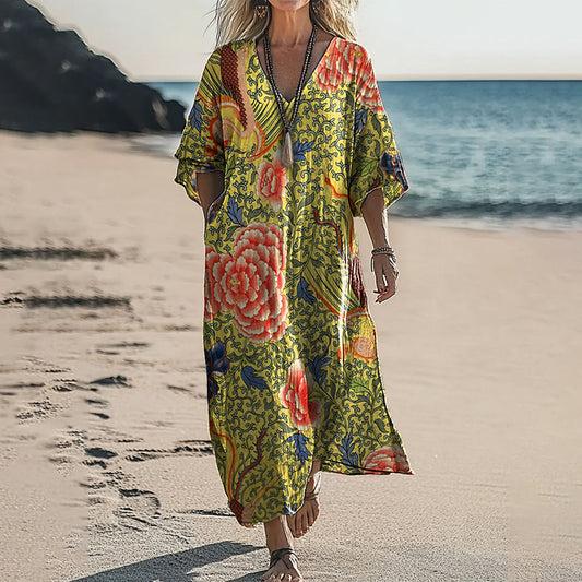 Women's Ethnic Floral Print V Neck Comfortable Cotton Dress elevenforest