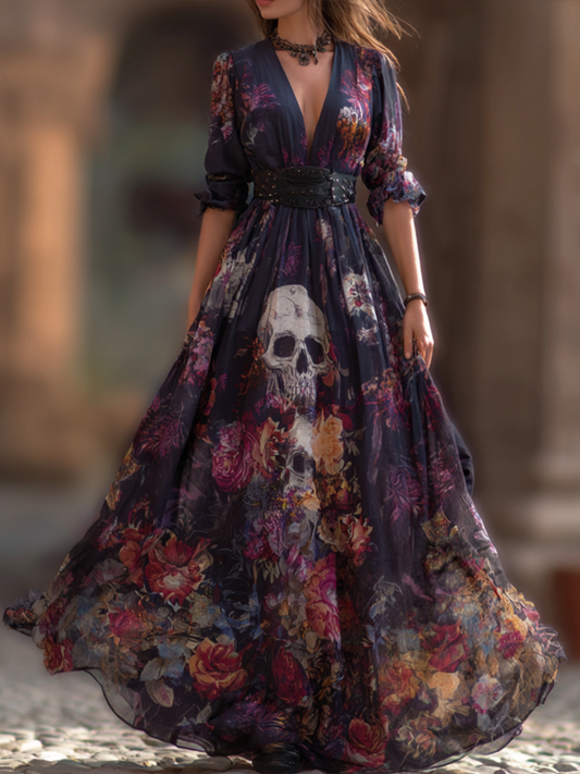 Halloween Theme Rose And Skull Pattern Women's V-neck Long Dress elevenforest