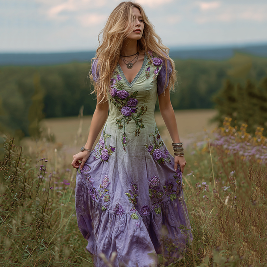 Women's Bohemian Floral Art Gradient Linen Maxi Dress elevenforest