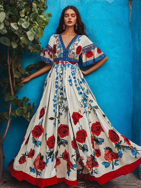 Independence Day Ethnic Floral Print Women's V-neck Large Hem Maxi Dress elevenforest
