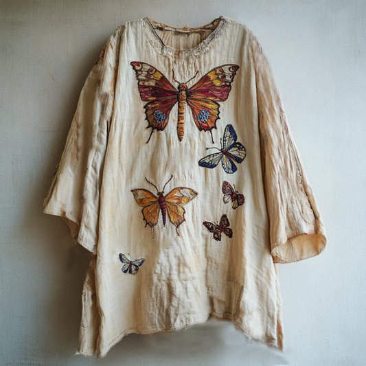 Comstylish Women's Rainbow Butterfly And Dragonfly Embroidery Linen Art Floral Linen Round Neck Shirt