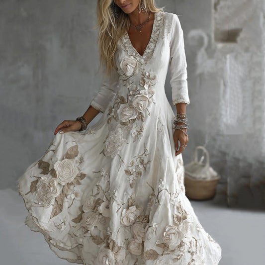 Women's Vintage Rose Embroidery Art V-neck Maxi Dress elevenforest