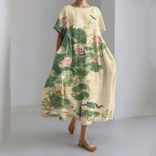 Comstylish Women's Japanese Art Floral Print Short Sleeve Midi Dress