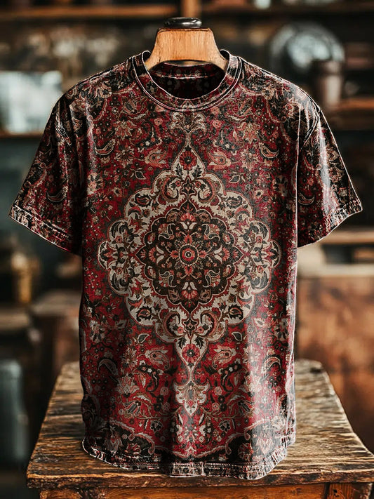 Retro Red National Floral pattern Vintage Art Print Casual T-shirt For