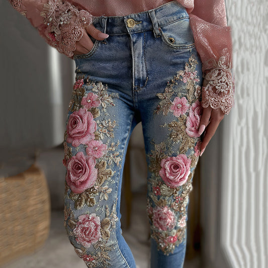 Women's Vintage Rose Floral Embroidery Art Casual Jeans elevenforest
