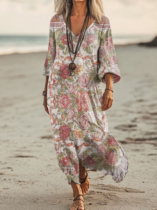 Women's Floral Embellished Pattern Art Print Pocket Cotton Dress