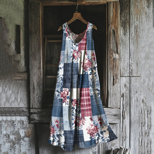 Women's Vintage Independence Day Floral Art Linen Maxi Dress elevenforest
