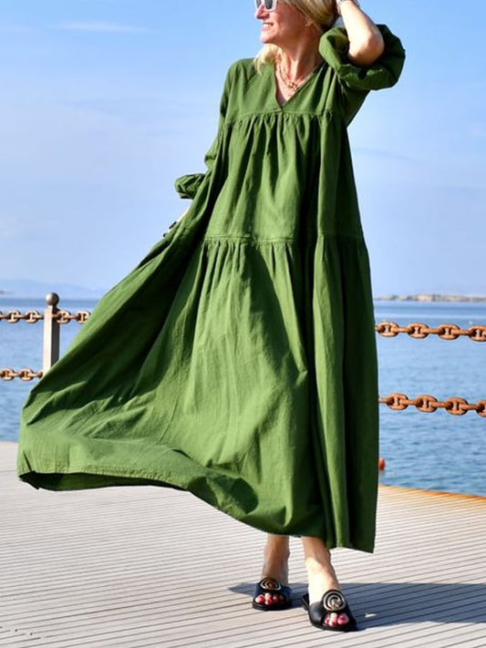 Women's Casual Elegant Pleated V-Neck Cotton Dress