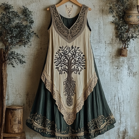 Viking Celtic Tree Of Life Patchwork Linen Tank Midi Dress elevenforest