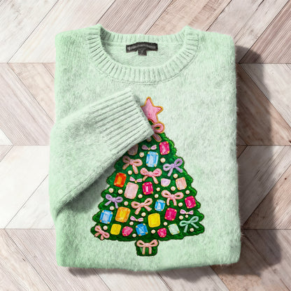 Comstylish Christmas Rhinestone Tree Embroidered Cozy Knit Sweater