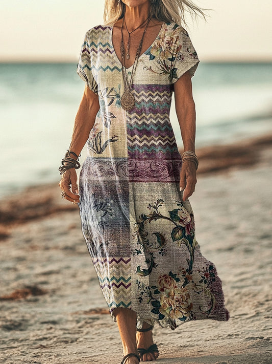 Women's Vintage Ethnic Floral Art Print Pocket Cotton Dress