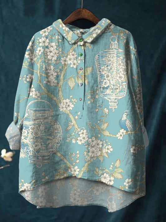 Ladies Elegant Flower And Bird Print Cotton And Linen Shirt