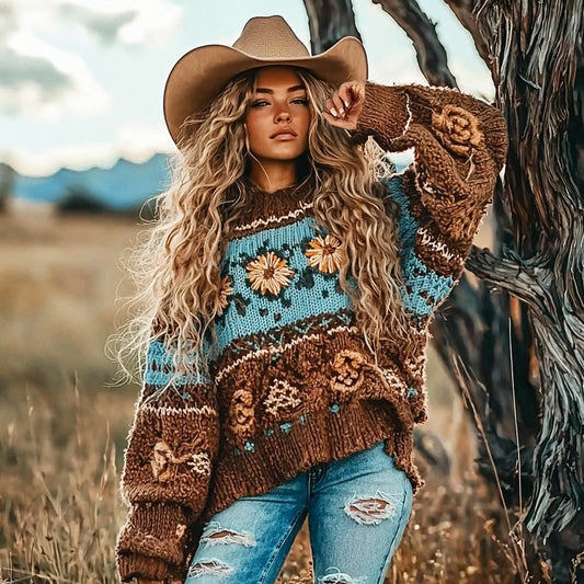 Comstylish Women's Western Vintage Floral Contrast Cozy Sweater