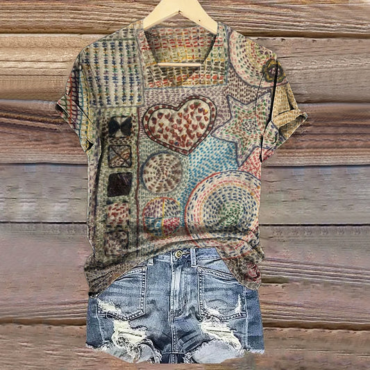 Women's Vintage Heart Pattern Art Print V-neck Casual T-Shirt