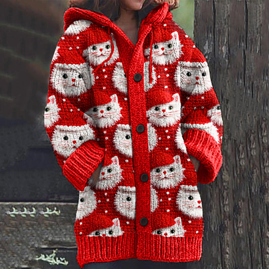 Vintage Christmas Cat Embroidery Knitted Warm Cardigan Sweater elevenforest