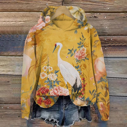 Japanese Art Crane Print Long Sleeve Hoodie elevenforest
