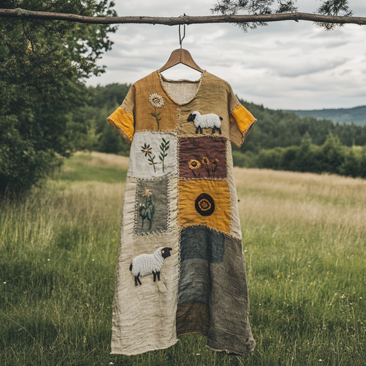 Sheep Floral Patchwork Linen V-neck Midi Dress elevenforest