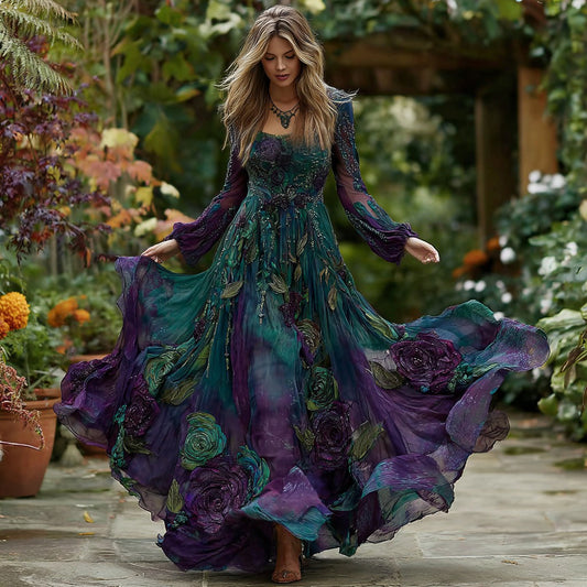 Women's Vintage Purple Floral Gradient Pattern Elegant Round Neck Dress elevenforest