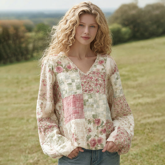 Women's Retro Floral Patchwork Pattern Linen V-neck T Shirt