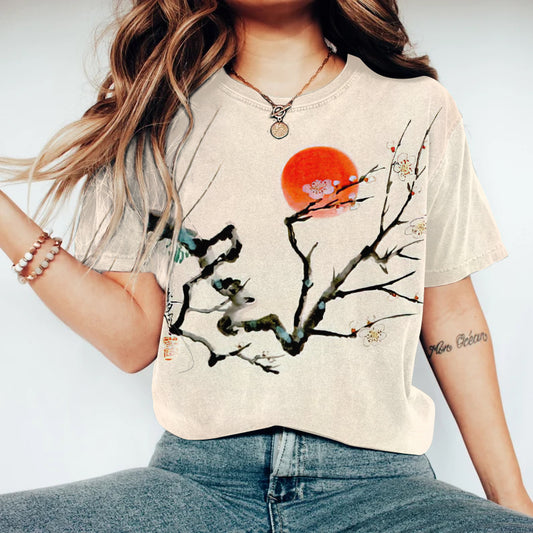 Vintage Japanese Art Sunrise Round Neck Casual T-Shirt elevenforest