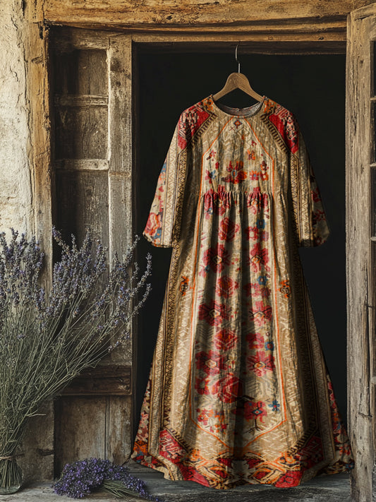 Women's Vintage Ethnic Floral Print Flowy Cotton Crew Neck Dress