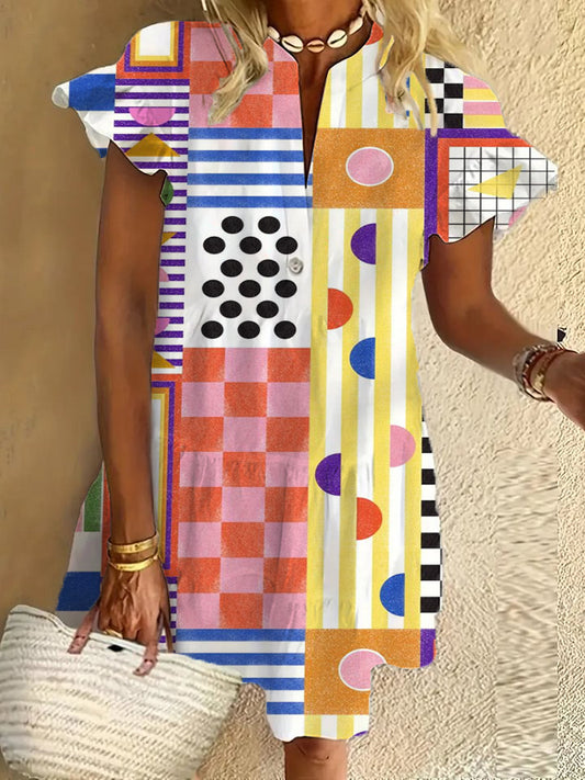 Geometric art ruffles, short sleeves, V-neck, button dress, holiday beach dress