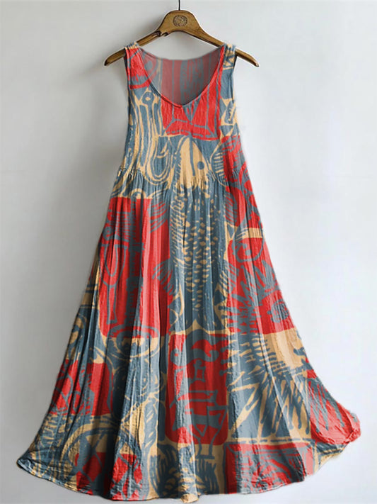 Women's Bohemian Ethnic Collage Art Print Sleeveless Cotton Pocket Dre