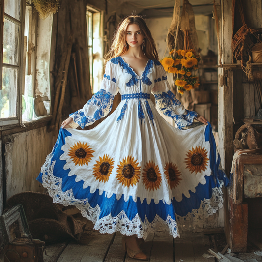 Vintage Sunflower Gradient Lace Art Linen V Neck Maxi Dress elevenforest
