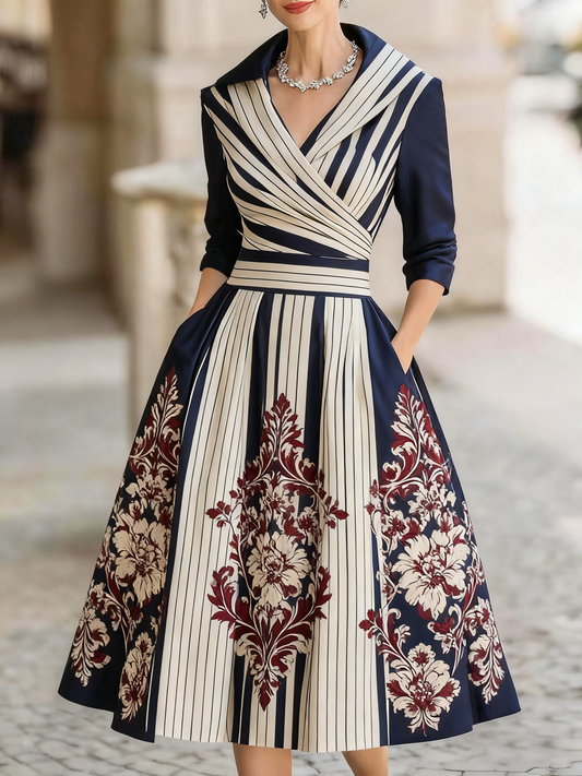 Women's retro cold jacquard print medium and long dress